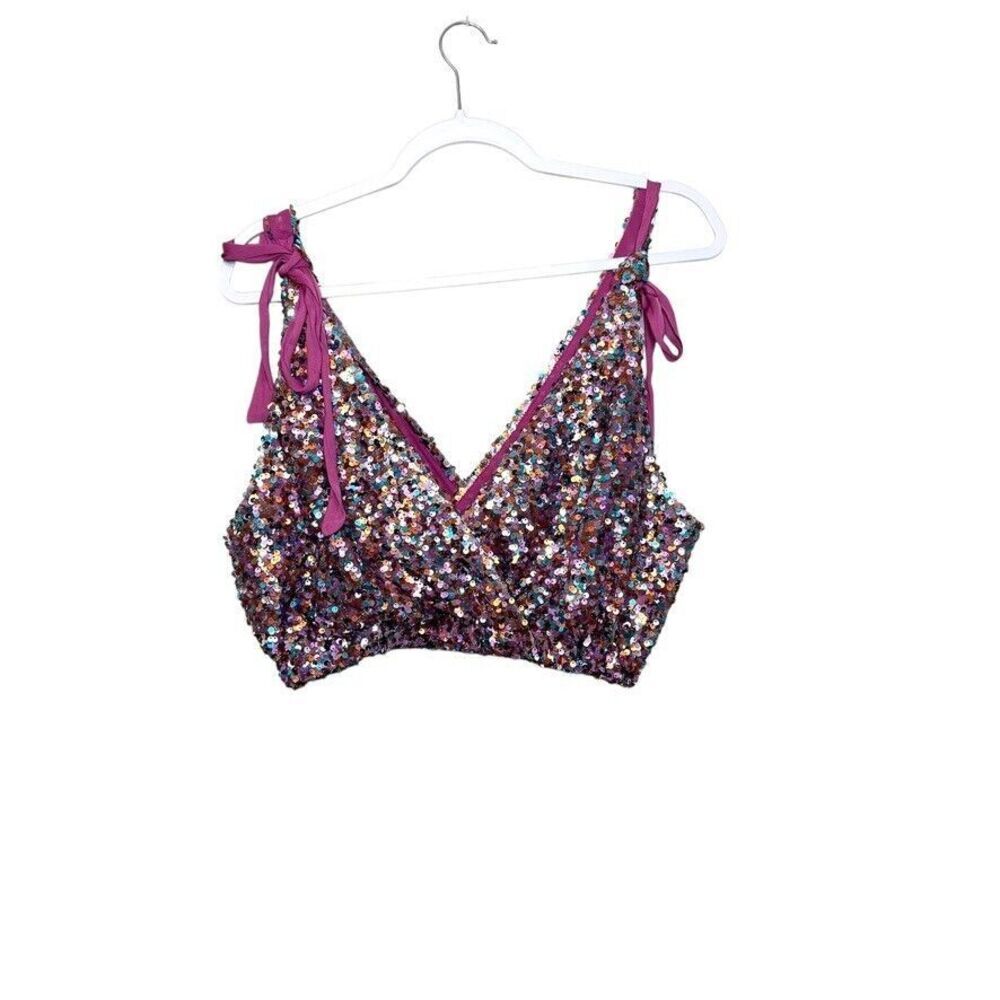 Free People Intimately Big Night Sequin Crop Top Women M Pink Ribbon Tie Sparkle